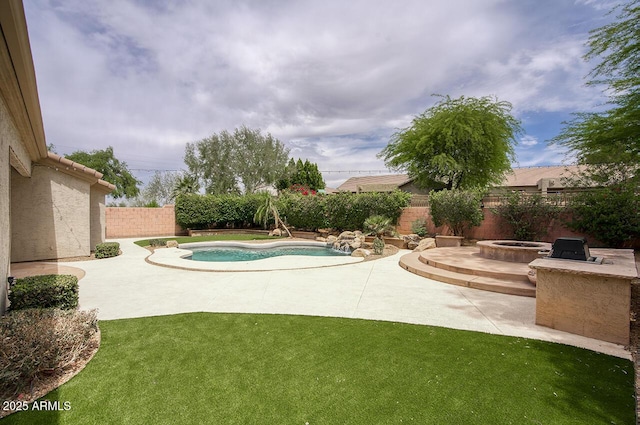 7214 E Rustling Pass, Scottsdale, AZ 85255 - view of pool with an outdoor fire pit, a fenced backyard, and a patio