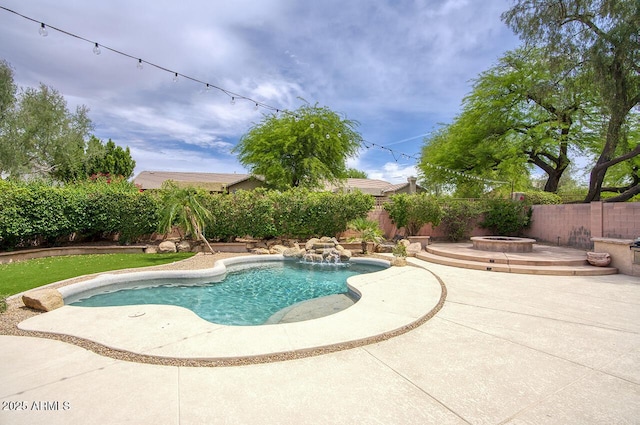 7214 E Rustling Pass, Scottsdale, AZ 85255 - view of pool featuring an outdoor fire pit, a fenced backyard, and a patio