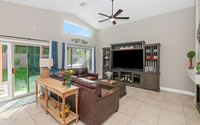 tiled living area featuring ceiling fan, high vaulted ceiling, visible vents, and baseboards