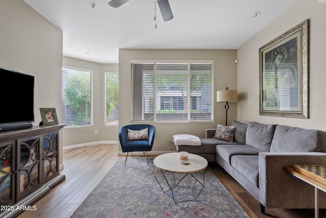 3633 N 3rd Ave Unit 1035, Phoenix, AZ 85013 - living room featuring wood finished floors, ceiling fan, and baseboards