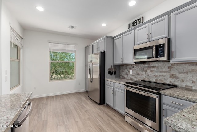 kitchen featuring stainless steel appliances, gray cabinets, decorative backsplash, light wood finished floors, and recessed lighting