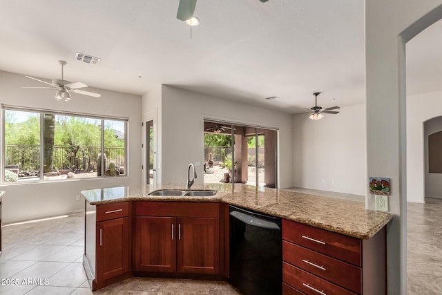 14657 N 103rd Way, Scottsdale, AZ 85255 - kitchen with dishwasher, a ceiling fan, light stone countertops, and open floor plan
