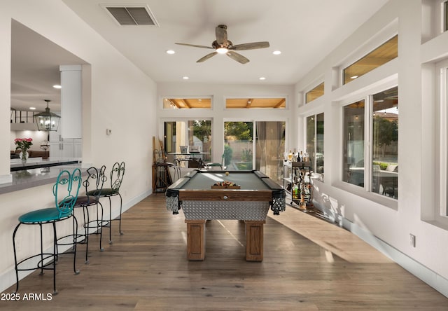 playroom with baseboards, visible vents, wood finished floors, pool table, and recessed lighting