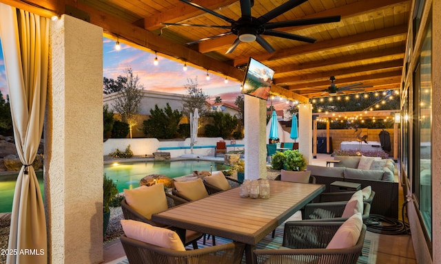 view of patio / terrace with outdoor lounge area, a fenced backyard, outdoor dining area, and a fenced in pool