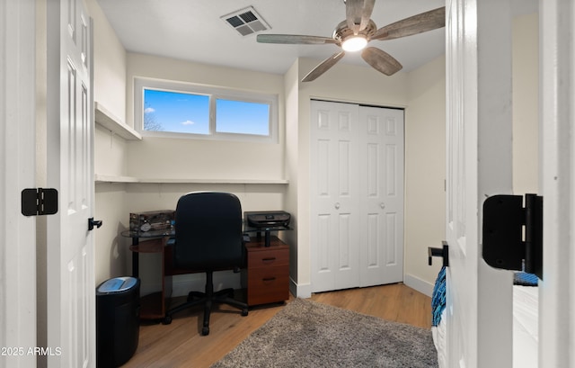 office area with visible vents, ceiling fan, light wood-style flooring, and baseboards