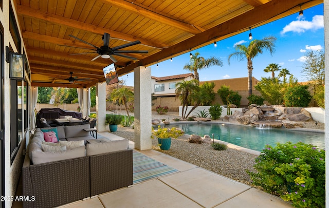 view of patio / terrace with ceiling fan, a fenced backyard, an outdoor living space, and a fenced in pool