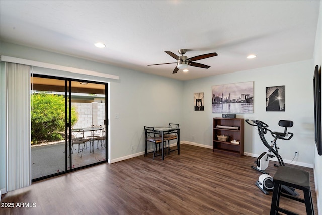 520 S Greenfield Rd Unit 7, Mesa, AZ 85206 - exercise room with ceiling fan, wood finished floors, and recessed lighting