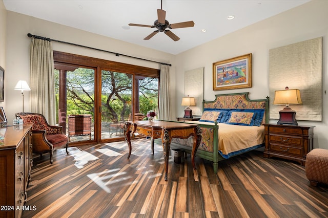 bedroom with dark wood-type flooring, ceiling fan, and access to outside