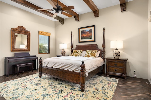 bedroom with dark parquet flooring, beamed ceiling, and ceiling fan