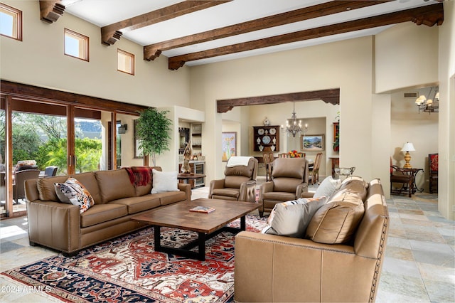 living room with light tile patterned floors, beamed ceiling, and an inviting chandelier