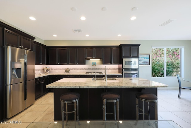 kitchen featuring stainless steel appliances, a kitchen breakfast bar, and an island with sink