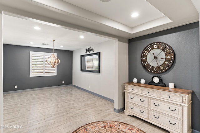 sitting room featuring recessed lighting, visible vents, baseboards, light wood finished floors, and an inviting chandelier