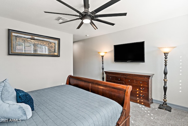 bedroom featuring carpet floors, ceiling fan, visible vents, and baseboards