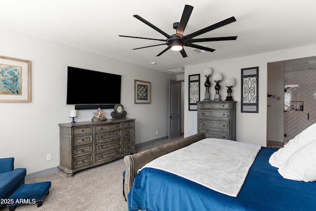 bedroom featuring carpet, visible vents, baseboards, and a ceiling fan