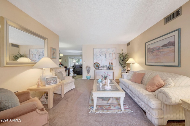 living room featuring carpet floors and a textured ceiling