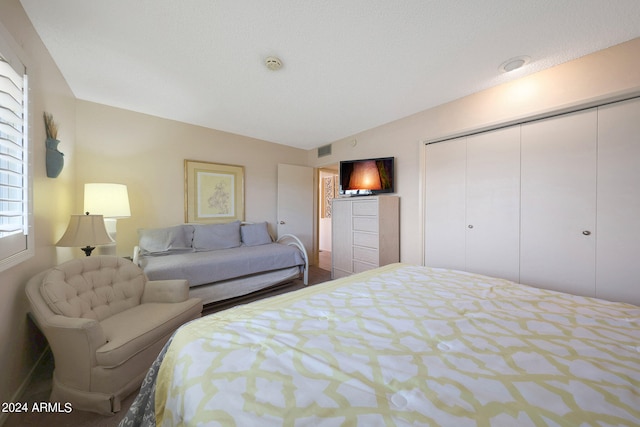 bedroom with vaulted ceiling and a closet