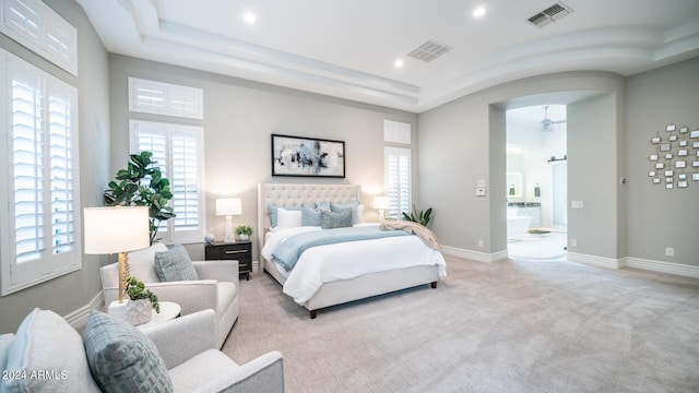 bedroom featuring recessed lighting, baseboards, visible vents, and arched walkways