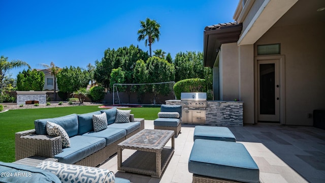 view of patio / terrace featuring area for grilling, an outdoor hangout area, a trampoline, and a grill