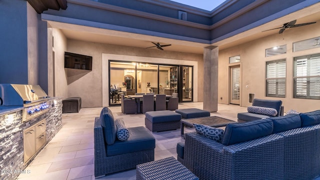 view of patio with outdoor dining space, an outdoor hangout area, area for grilling, a ceiling fan, and a grill