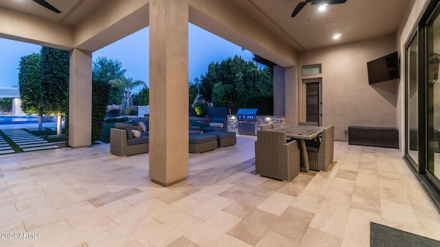 view of patio featuring outdoor dining space, an outdoor hangout area, ceiling fan, area for grilling, and a grill