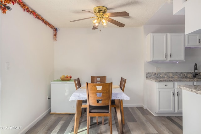 dining space featuring ceiling fan, sink, hardwood / wood-style floors, and a textured ceiling