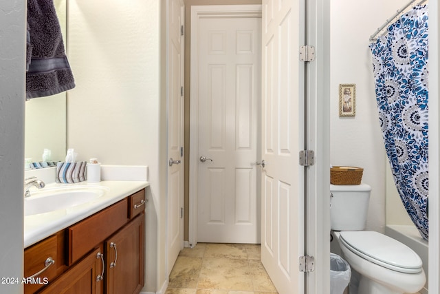 full bathroom with vanity, toilet, and shower / bathtub combination with curtain