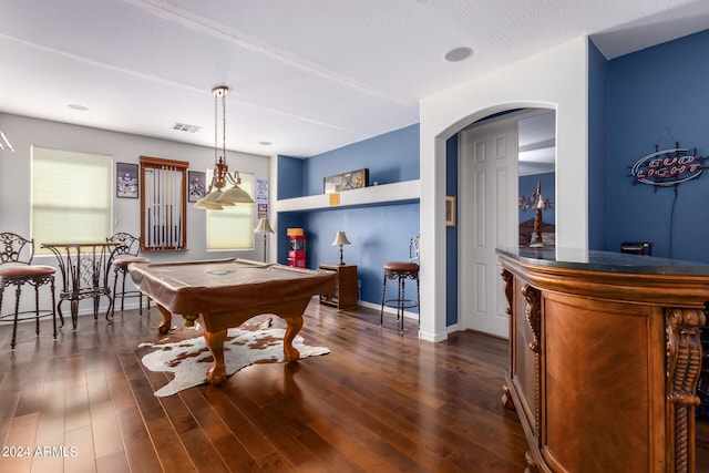 playroom with built in shelves, pool table, and dark hardwood / wood-style floors