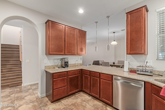 kitchen featuring dishwasher, light stone countertops, kitchen peninsula, and decorative light fixtures