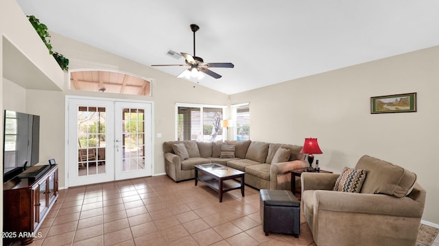 living room featuring light tile patterned floors, visible vents, lofted ceiling, ceiling fan, and french doors