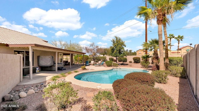 view of pool featuring a patio, a fenced backyard, and a fenced in pool