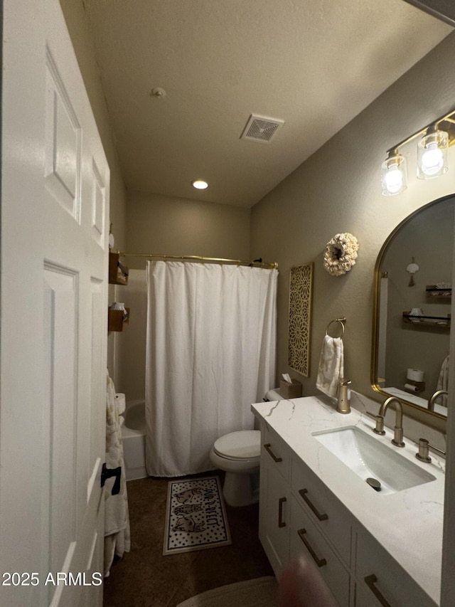 full bathroom featuring toilet, vanity, visible vents, recessed lighting, and shower / bath combination with curtain