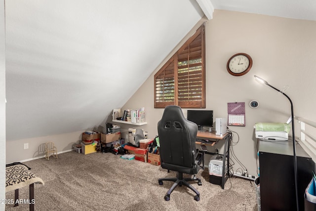 office area with lofted ceiling with beams and carpet floors