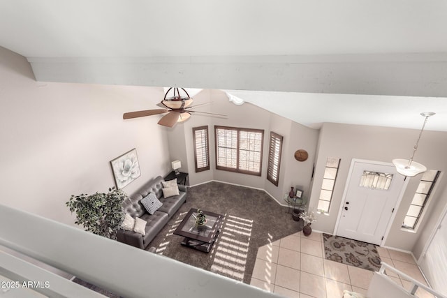 living room featuring ceiling fan and light carpet