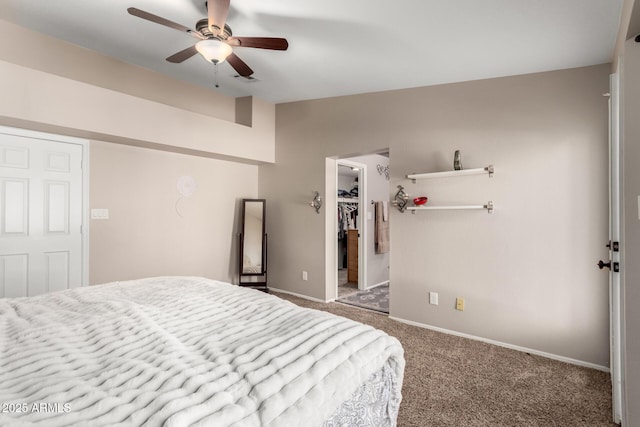 bedroom with ceiling fan, a walk in closet, a closet, and carpet flooring