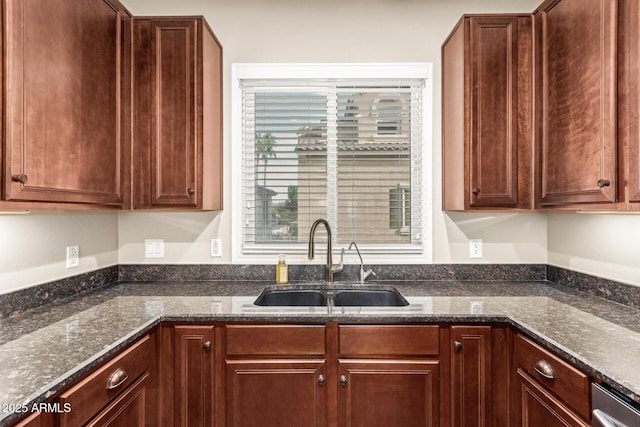 kitchen with sink, dark stone counters, and stainless steel dishwasher