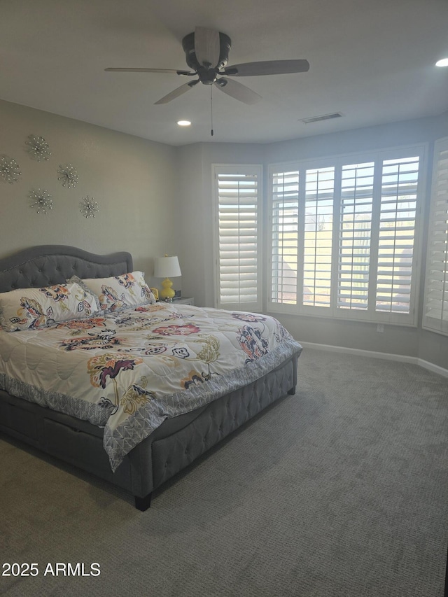 bedroom with ceiling fan, recessed lighting, visible vents, baseboards, and carpet