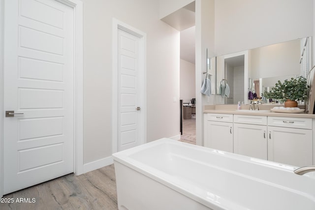 bathroom with vanity, baseboards, and wood finished floors