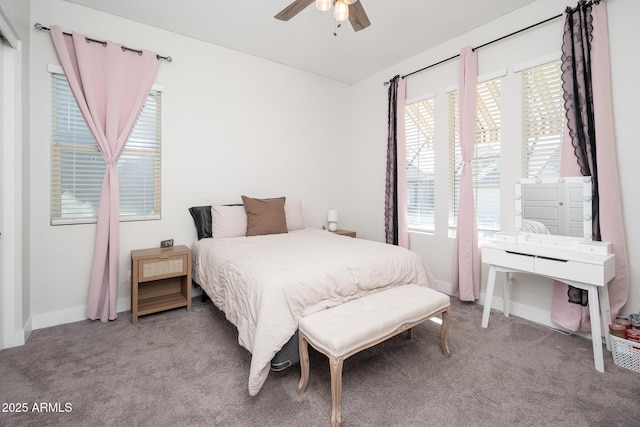 bedroom featuring ceiling fan, baseboards, and carpet flooring