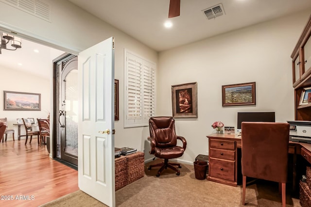 office area with ceiling fan, visible vents, baseboards, and recessed lighting