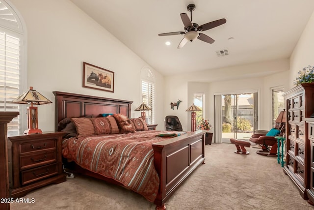 bedroom with lofted ceiling, recessed lighting, visible vents, light carpet, and access to outside