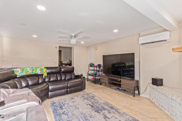 living room featuring recessed lighting, a wall unit AC, and ceiling fan