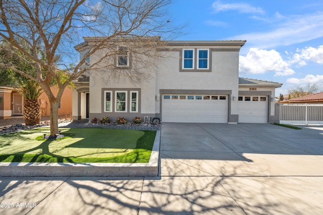 traditional-style home with stucco siding, fence, a garage, driveway, and a front lawn