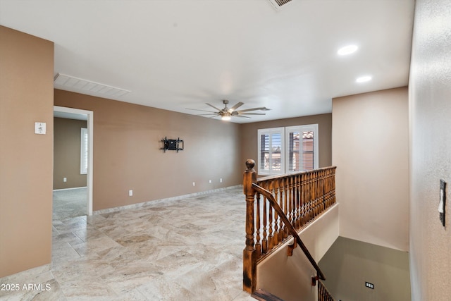 stairs featuring recessed lighting, baseboards, visible vents, and ceiling fan