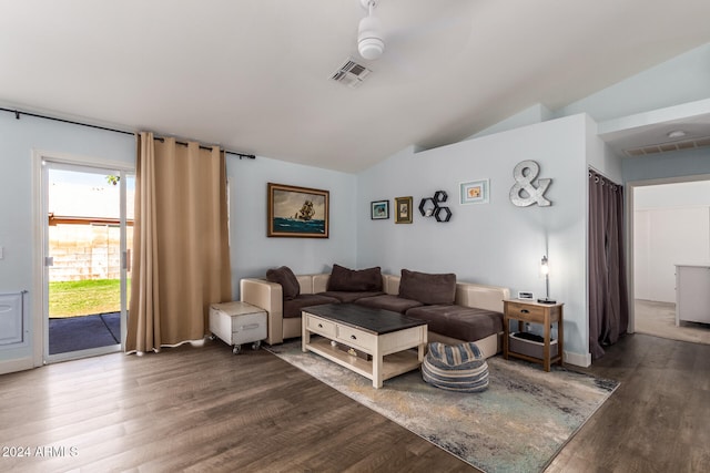 living room with hardwood / wood-style floors, ceiling fan, and lofted ceiling