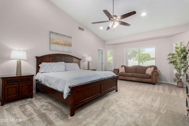 bedroom with light carpet, a ceiling fan, visible vents, and recessed lighting