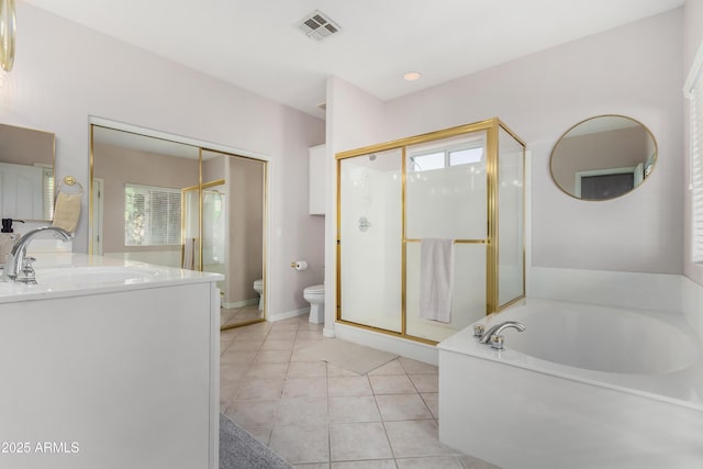 bathroom with toilet, a stall shower, visible vents, and a bath