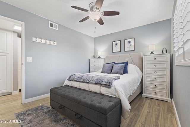 bedroom featuring hardwood / wood-style flooring and ceiling fan