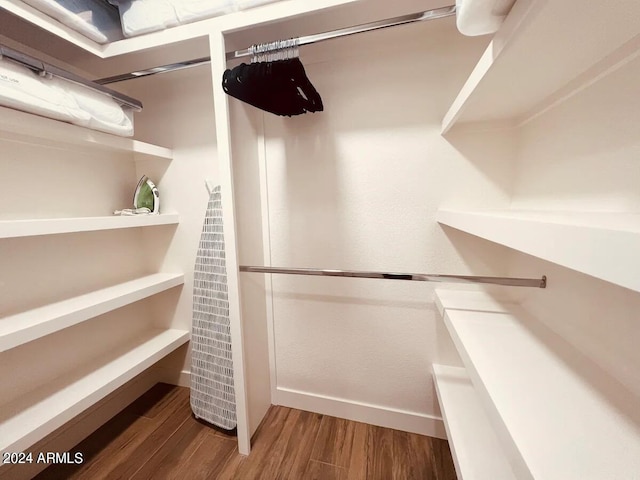 walk in closet with wood-type flooring