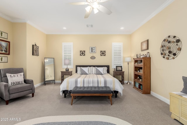 bedroom with baseboards, carpet floors, visible vents, and crown molding