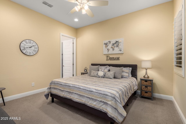 bedroom with a ceiling fan, carpet, visible vents, and baseboards